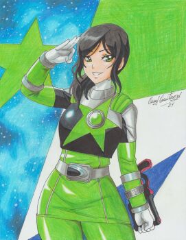1girl absurdres animification arm_mounted_weapon armor belt black_hair bodysuit chameleon_green commentary cowboy_shot gloves green_bodysuit green_eyes green_skirt grey_belt hammie_(uchuu_sentai_kyuuranger) highres looking_at_viewer medium_hair no_headwear ravernclouk_design salute signature skirt smile solo standing star_(symbol) super_sentai teeth tokusatsu traditional_media uchuu_sentai_kyuuranger