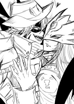 1boy 1girl beelstarmon closed_eyes coat commentary digimon digimon_(creature) eye_mask high_collar highres long_hair magnakidmon mask monochrome sharp_teeth sketch symbol-only_commentary teeth third_eye zigokuno
