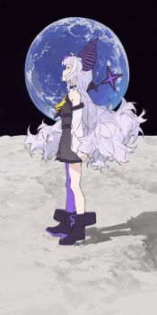 1girl absurdres ahoge asymmetrical_legwear bare_shoulders commentary demon_girl demon_horns earth_(planet) fluffy_hair grey_hair highres hololive horns la+_darknesss la+_darknesss_(1st_costume) long_hair moon multicolored_hair necktie on_moon planet pointy_ears purple_hair shiloroshi solo virtual_youtuber yellow_eyes yellow_necktie