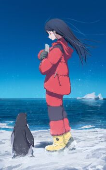 1girl absurdres bird black_gloves black_hair black_pants blush boots clear_sky closed_eyes computer crying down_jacket floating_hair from_side gloves grin highres hood hood_down hooded_jacket horizon iceberg jacket kobuchizawa_shirase laptop long_hair long_sleeves night ocean outdoors pants penguin profile red_jacket red_pants sideways_mouth sky smile snow snow_boots solo sora_yori_mo_tooi_basho standing star_(sky) tears two-tone_pants water winter_clothes yellow_boots yo_na