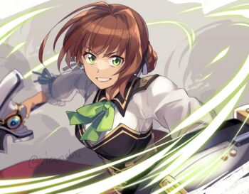 1girl artist_name aura bow bowtie brown_hair commentary_request duvalie eiyuu_densetsu green_bow green_bowtie green_eyes grey_background hair_intakes holding holding_shield holding_sword holding_weapon looking_at_viewer medium_hair riarashu sen_no_kiseki sen_no_kiseki_(series) sen_no_kiseki_i sen_no_kiseki_iv shield smile solo sword teeth twitter_username weapon