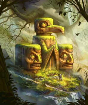 1other absurdres arms_up artist_logo bare_tree branch cape commentary english_commentary falling_leaves fantasy fog foliage forest grass highres leaf logo monster moss nature original outdoors path religious_offering river road sculpture sheath skeleton standing totem tree tree_stump tribal waltjan water waterfall wide_shot