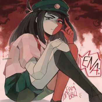 Rule 34 | 1girl, black hair, blunt bangs, blunt ends, colored skin, ena: dream bbq, ena (dream bbq), ena (series), ena (species), hat, highres, humanization, kneehighs, looking at viewer, low poly, meanie ena, melukvivoo, multicolored skin, red skin, shirt, short sleeves, shorts, single kneehigh, single sock, socks, split-color skin, suspender shorts, suspenders, two-tone skin