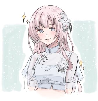 1girl bang_dream! bang_dream!_our_notes blush breasts closed_mouth crop_top flower grey_eyes hair_flower hair_ornament highres life_hater_art long_hair medium_breasts pink_hair shiomi_hotaru shirt solo sparkle white_shirt