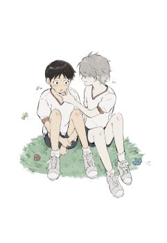 2boys black_hair blush commentary_request full_body grey_hair gym_uniform hand_on_another's_chin highres ikari_shinji male_focus multiple_boys nagisa_kaworu neon_genesis_evangelion on_grass oshio_(baniniwana) shoes short_hair short_shorts shorts simple_background sitting socks white_background white_shoes white_socks yaoi