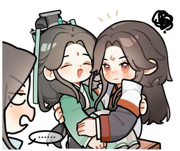 Rule 34 | ..., 3boys, :d, annoyed, arm around shoulder, bindi, black hair, black hanfu, blush, brown hair, chibi, chibi only, chinese clothes, closed eyes, closed mouth, collared robe, curtained hair, frown, green hanfu, half updo, hanfu, hashtag-only commentary, highres, jealous, jitome, layered sleeves, liu qingge, long hair, long sleeves, luo binghe, male focus, mole, mole under eye, multiple boys, nose blush, notice lines, open mouth, parted bangs, red eyes, renzha fanpai zijiu xitong, ribboned xiao guan, shen qingqiu, simple background, sitting, sitting on lap, sitting on person, smile, spoken ellipsis, squiggle, v-shaped eyebrows, very long hair, white background, wolf cut, yaoi, zorenbigmalo