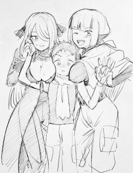 1boy 2girls belt blush breasts capelet cargo_shorts cleavage covered_erect_nipples cynthia_(pokemon) gardenia_(pokemon) graphite_(medium) greyscale hair_ornament hand_grab large_breasts long_hair looking_at_another looking_at_viewer lucas_(pokemon) missing_headwear monochrome multiple_girls nintendo one_eye_closed open_mouth pokemon pokemon_diamond/pearl/platinum scarf shorts size_difference sketch smile sweatdrop traditional_media