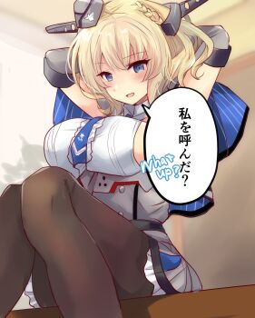 Rule 34 | 1girl, armpits, arms behind back, black pantyhose, blonde hair, blue eyes, blue necktie, braid, breasts, capelet, colorado (kancolle), commentary request, dress, elbow gloves, feet out of frame, garrison cap, gloves, grey capelet, grey dress, grey gloves, grey hat, hat, headgear, highres, hirune (konekonelkk), kantai collection, large breasts, necktie, open mouth, pantyhose, pleated dress, shirt, short hair, side braids, sideboob, sideless shirt, sleeveless, sleeveless shirt, solo, speech bubble