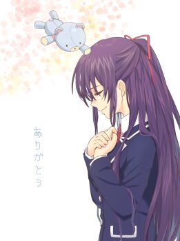 1girl absurdres blazer blue_jacket chinese_commentary closed_eyes collared_shirt commentary_request date_a_live from_side hair_ribbon half_updo hands_on_own_chest highres jacket kyoraku_(weng3133) long_hair long_sleeves own_hands_together profile purple_hair raizen_high_school_uniform red_ribbon ribbon school_uniform shirt smile solo standing stuffed_animal stuffed_toy tears teddy_bear translated upper_body very_long_hair white_background white_shirt yatogami_tohka