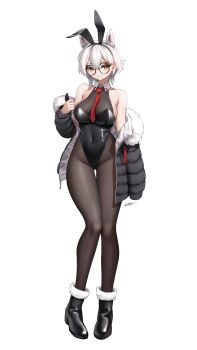 1girl absurdres animal_ears artist_name bare_shoulders black_boots black_leotard boots breasts closed_mouth collar commentary covered_navel english_commentary extra_ears fake_animal_ears full_body gluteal_fold halter_leotard halterneck highleg highleg_leotard highres holding jacket large_breasts leotard looking_at_viewer necktie open_clothes open_jacket orange_eyes original pantyhose playboy_bunny rabbit_ears red_necktie round_eyewear short_hair signature simple_background smile solo thick_eyelashes white_hair whitter