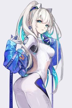 1girl aqua_eyes ass back_cutout blue_jacket bodysuit breasts clothing_cutout colored_inner_hair cutout earrings facial_mark from_behind gloves headgear high_ponytail highres jacket jewelry long_hair looking_at_viewer medium_breasts multicolored_bodysuit multicolored_gloves multicolored_hair off-shoulder_jacket off_shoulder original pokimari ponytail ringed_eyes simple_background strap white_background white_bodysuit white_gloves white_hair