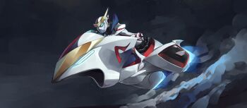 1boy blue_eyes bodysuit casshern casshern_(series) casshern_sins drawfag hover_bike male_focus night night_sky outdoors sky solo white_bodysuit