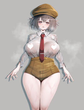 Rule 34 | 1girl, absurdres, aonori00, breasts, brown eyes, brown hair, brown hat, censored, commentary request, commission, grey background, hat, heart, heart-shaped pupils, heart censor, highres, large breasts, legs, long sleeves, looking at viewer, necktie, newsboy cap, open mouth, pointy ears, red necktie, see-through clothes, shameimaru aya, shameimaru aya (newsboy), shirt, short hair, simple background, skeb commission, solo, symbol-shaped pupils, touhou, variant set, wet, wet clothes, white shirt
