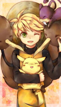 1girl androgynous blonde_hair corrupted_metadata doduo gen_1_pokemon green_eyes hat nintendo one_eye_closed pika_(pokemon) pikachu pokemon pokemon_(creature) pokemon_adventures rattata reverse_trap tachiuo_(arines) wink yellow_(pokemon)