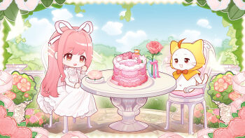1girl ahoge animal artist_request bib_collar birthday birthday_cake blue_sky bow bowtie brown_eyes buttons cake cat chair chibi cloak clothed_animal cloud collar commentary day dot_nose dress ear_covers english_commentary flower food frilled_collar frilled_dress frilled_sleeves frills garden hair_intakes hair_ribbon hand_on_lap hand_on_own_cheek hand_on_own_face happy highres hood hood_up hooded_cloak juliet_sleeves light_particles long_dress long_hair long_sidelocks long_sleeves looking_at_food navel nikki_(nikki) nikki_(series) official_art on_chair open_mouth origami outdoors paper_crane pink_flower pink_hair pink_rose pleated_dress puffy_sleeves red_bow red_bowtie ribbon rose second-party_source shadow sidelocks sitting sky sleeves_past_wrists smile snowflakes sparkle swept_bangs table tareme traditional_bowtie tree vase very_long_hair wavy_hair whiskers white_cat white_collar white_dress white_ribbon yellow_cloak