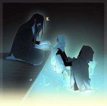 Rule 34 | 1girl, 2boys, adashino adami, armpit carry, bbabbamis2, black hair, black kimono, bridge, cloak, commentary, disembodied hand, english commentary, highres, homicipher, hood, hood up, hooded cloak, japanese clothes, kimono, long hair, mr. crawling, mr. hood, multiple boys, raincoat, very long hair, wading, water