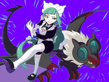 1girl absurdres apron bat_(animal) black_eyes black_romper black_skin blunt_bangs bow bowtie braid braided_ponytail colored_sclera colored_skin dragon gen_6_pokemon green_hair half-closed_eyes highres juliet_sleeves kohamo_kojo leafy_seadragon lebanne_(pokemon) long_braid long_hair long_sleeves maid_apron maid_headdress mega_stone multicolored_skin nintendo noivern open_mouth pink_lips pokemon pokemon_(creature) pokemon_legends:_z-a puffy_sleeves purple_skin red_claws romper smile tail tsurime two-tone_skin v-shaped_eyebrows white_bow white_bowtie white_fur wyvern yellow_sclera