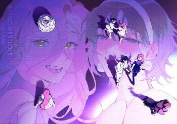 2girls absurdres alien_stage artist_name black_cloak black_dress black_gloves black_hair chicheesticks cloak commentary dress earrings english_commentary glasses gloves hairband highres holding_hands hood hood_up hooded_cloak jewelry long_hair mizi_(alien_stage) multiple_girls pearl_earrings pink_hair purple_eyes short_hair sitting sphere_earrings sua_(alien_stage) white_dress white_gloves white_hairband yellow_eyes