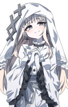 1girl blonde_hair blunt_bangs closed_mouth commentary_request cross cross_earrings dress earrings frilled_sleeves frills fugu43 gloves hands_up happy_tears highres hikami_meruru interlocked_fingers jewelry long_hair long_sleeves looking_at_viewer mahou_shoujo_no_majo_saiban own_hands_together priestess simple_background smile solo tearing_up tears upper_body veil white_background white_dress white_gloves white_veil wide_sleeves