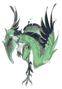 1boy androgynous bairizuomeng bird_boy bird_legs bird_tail claws commentary digitigrade english_commentary feathered_wings feathers full_body green_hair highres human_head long_hair male_focus monster_boy original simple_background solo tail white_background wings