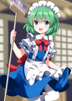 Rule 34 | 1girl, apron, back bow, blue dress, blue eyes, blurry, blush, bow, bowtie, broom, commentary request, completion time, depth of field, dress, green hair, highres, holding, holding broom, maid, maid headdress, medium hair, open mouth, pantyhose, puffy short sleeves, puffy sleeves, red bow, red bowtie, ruu (tksymkw), ruukoto, short sleeves, smile, solo, touhou, touhou (pc-98), waist apron, white apron, white pantyhose
