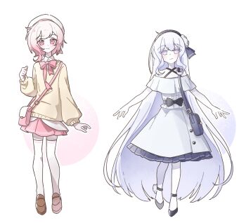 Rule 34 | 2girls, absurdly long hair, alternate costume, beret, blue bag, blue hairband, bow, bowtie, brown shoes, brown sweater, chinese commentary, closed mouth, commentary request, commission, dress, flower, full body, hairband, hat, highres, loafers, long hair, long sleeves, looking at viewer, mahou shoujo no majo saiban, miniskirt, multicolored hair, multiple girls, pink bag, pink bow, pink bowtie, pink eyes, pink hair, pink skirt, pleated skirt, sakuraba ema, shilizi, shoes, short hair, simple background, skirt, smile, spoilers, standing, sweater, tsukishiro yuki, very long hair, white background, white dress, white flower, white hair