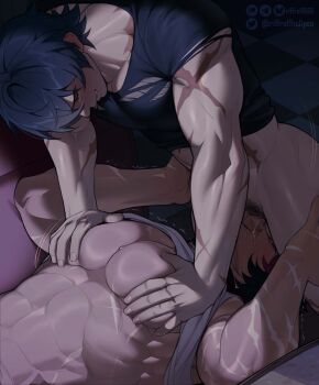 2boys black_hair black_shirt blush clenched_teeth clothes_lift drooling fellatio grabbing_another's_thighs green_eyes groping kneeling komano_manato lighter_(zenless_zone_zero) lying male_focus motion_lines multiple_boys muscular muscular_male on_back oral pectoral_grab pectoral_squeeze penis pubic_hair reverse_fellatio riffraffhellyea scar scars_all_over shirt shirt_lift smirk teeth too_many torn_clothes twitching veins veiny_penis white_shirt yaoi zenless_zone_zero
