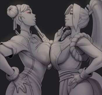 2girls absurdres akiman_pose bad_tag belly-to-belly bracelet breast_contest breast_press breasts brown_eyes brown_hair capcom china_dress chinese_clothes chun-li confrontation crossover double_bun dress earrings eye_contact face-to-face faceoff fatal_fury hair_bun highres jewelry large_breasts long_hair looking_at_another monochrome motoyui multiple_girls nagainosfw ponytail rivalry shiranui_mai snk street_fighter street_fighter_6 symmetrical_docking