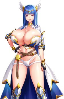 1girl :d absurdres akagi_rio arm_at_side armor armored_boots armored_dress belt bikini_armor black_gloves blue_hair blunt_bangs boots breasts brynhildr_valhanna cleavage collar couter dress fingerless_gloves game_cg gloves gluteal_fold gold_trim hair_ornament hand_on_own_hip head_ornament highres hime_cut huge_breasts knight long_hair looking_at_viewer metal_collar motto!_haramase!_(series) motto!_haramase!_honoo_no_oppai_isekai_oppai_maid_gakuen! multiple_belts navel non-web_source official_art open_mouth panties pink_eyes revealing_clothes shoulder_armor showgirl_skirt skindentation smile solo transparent_background underwear valkyrie vambraces warrior white_panties wing_hair_ornament