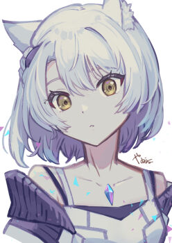 1girl animal_ears bare_shoulders cat_ears cat_girl chest_jewel collarbone core_crystal_(xenoblade) grey_hair highres jacket nia_(xenoblade) short_hair simple_background solo upper_body white_background white_jacket xenoblade_chronicles_(series) xenoblade_chronicles_3 yanagimachi yellow_eyes