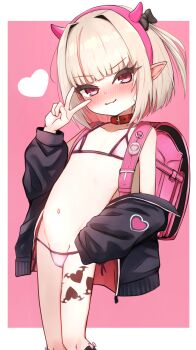 1girl backpack bag bikini blonde_hair blush collar commentary_request flat_chest hairband heart heart_tattoo highres huucha_(cpaf5377) jacket leg_tattoo loli looking_at_viewer makaino_ririmu multicolored_hair navel nijisanji off_shoulder open_clothes open_jacket pink_hair pointy_ears randoseru red_eyes short_hair smile solo swimsuit tattoo two-tone_hair v virtual_youtuber