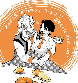 1boy 1girl arven_(pokemon) braid feeding food fruit hair_over_one_eye hetero highres ikahotaru2zi juliana_(pokemon) kotatsu long_hair mandarin_orange multicolored_hair necktie new_year nintendo open_clothes open_mouth open_vest orange_(fruit) orange_necktie orange_peel orange_slice pokemon pokemon_sv short_hair short_sleeves side_braid spot_color table two-tone_hair vest