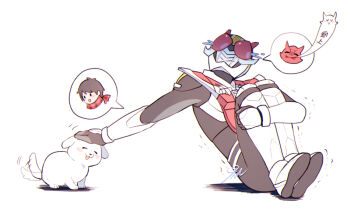 armor dog giving_up_the_ghost head_pat helmet hugging_own_legs kamen_rider kamen_rider_den-o kamen_rider_den-o_(series) knees_to_chest mask masked masked_male momotaros nogami_ryoutarou petting petting_animal possession reaction red_armor scared tail tail_wagging tears trembling