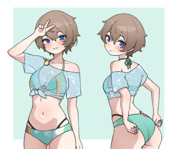 Rule 34 | 1girl, absurdres, arai motoha, arm up, arutemisu180, ass, bare shoulders, bikini, bikini under clothes, blue eyes, blush, breasts, brown hair, closed mouth, collarbone, commentary request, cowboy shot, floral print, floral print bikini, green background, green bikini, green shirt, grin, hair between eyes, highres, looking at viewer, medium breasts, multi-strapped bikini bottom, multiple views, navel, o-ring, o-ring bikini, off-shoulder shirt, off shoulder, official alternate costume, paid reward available, persona, persona 5, persona 5: the phantom x, print bikini, see-through cleavage, see-through clothes, see-through shirt, shirt, short hair, sidelocks, smile, standing, stomach, swimsuit, tied shirt, tomboy, v, v over head