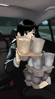 black_hair black_jacket black_pants burger car car_interior chainsaw_man drink family_burger_(chainsaw_man) food formal_clothes hair_ornament hairclip higashiyama_kobeni highres holding holding_drink jacket looking_to_the_side meme motor_vehicle night pants pascaldinger single_sidelock sitting stack suit