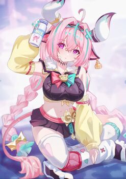 1girl absurdres ahoge animal_ears aqua_hair bell black_headband black_skirt bottle breasts closed_mouth collarbone commentary_request cow_ears cow_girl cow_horns cow_tail cowbell crop_top detached_sleeves ear_bell genshin_impact hair_between_eyes hand_up headband highres holding holding_bottle horns large_breasts long_hair long_sleeves looking_at_viewer milk_bottle miniskirt multicolored_hair navel pink_hair purple_eyes shoes single_thighhigh sitting skirt solo stomach streaked_hair tail thighhighs varesa_(genshin_impact) very_long_hair white_shoes white_thighhighs wuzhihuijia yellow_sleeves