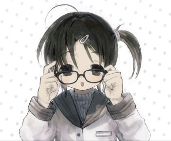 Rule 34 | 1girl, adjusting eyewear, black hair, glasses, hair ornament, hairclip, hands up, kuonoku95712, long sleeves, looking at viewer, one side up, open mouth, original, polka dot, polka dot background, sailor collar, sailor shirt, shirt, solo, straight-on, upper body