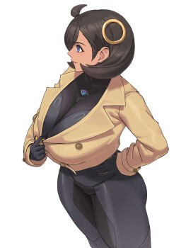 1girl absurdres aged_up alternate_breast_size_(larger) black_bodysuit black_gloves black_hair blue_eyes bodysuit bodysuit_under_clothes breasts brown_jacket closed_mouth commentary covered_collarbone cowboy_shot cowlick dark-skinned_female dark_skin emma_(pokemon) gloves hair_between_eyes hair_ornament hand_on_own_hip highres jacket jacket_tug ksksksa large_breasts latex latex_bodysuit long_sleeves looking_to_the_side mega_stone nintendo parted_lips pokemon pokemon_legends:_z-a profile see-through_cleavage see-through_clothes short_hair sidelocks simple_background smile solo standing swept_bangs two-tone_gloves white_background