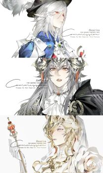 Rule 34 | 3girls, arknights, ascot, blonde hair, cane, commentary request, flower, gladiia (arknights), gloves, grey hair, hand up, hat, highres, holding, holding cane, horns, jewelry, llmia4, looking at viewer, looking to the side, multiple girls, pointy ears, portrait, red eyes, rose, saria (arknights), viviana (arknights), white ascot, white flower, white gloves, white hair, white rose