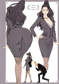 10s 1girl absurdres ass bent_over black_hair breasts business_suit character_name cleavage earrings executive_mishiro feet formal_clothes from_behind full_body green_eyes hand_on_own_hip high_heels highres huge_ass idolmaster idolmaster_cinderella_girls jewelry large_breasts legs long_hair long_sleeves looking_at_viewer oda_non pantyhose ponytail producer_(idolmaster) serious shoes simple_background skirt standing suit thighs walking white_background wide_hips