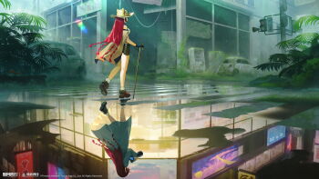 1girl abandoned absurdres ankle_boots black_gloves boots broken_window brown_cape brown_hat brown_shorts camera cane cape car coat copyright_name copyright_notice crosswalk different_reflection fanghuo_(xinyue_tongxing) from_behind full_body gloves grey_coat hat highres holding holding_camera holding_cane logo long_hair motor_vehicle official_art official_wallpaper outdoors overgrown puddle quad_braids red_boots red_hair reflection reflective_liquid road_sign ruins scenery short_shorts shorts sign socks solo traffic_light very_long_hair walking white_socks xinyue_tongxing