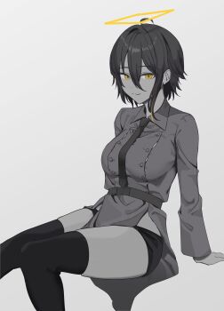 1girl absurdres agame-san_(agamemega) agamemega ahoge arm_support belt breasts commentary greyscale hair_between_eyes halo highres invisible_chair looking_at_viewer monochrome necktie original pelvic_curtain rectangular_halo short_hair short_shorts shorts side_slit sitting solo spot_color thighhighs yellow_eyes
