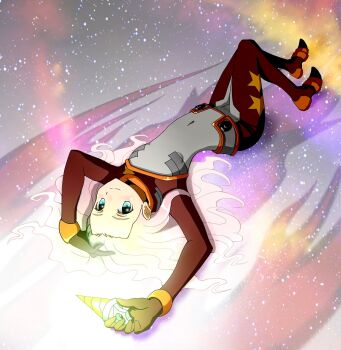 Rule 34 | 1girl, blue eyes, bodysuit, bracelet, commentary request, core drill, darry adai, full body, galaxy, glowing, hair spread out, jewelry, knees up, long bangs, long hair, looking at viewer, lying, mecha pilot suit, navel, on back, partial commentary, pink hair, red bodysuit, smile, solo, star (sky), starry sky background, tengen toppa gurren lagann, watarungi001