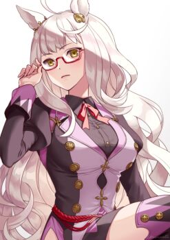 1girl ahoge akatsuki_(kuon) animal_ears biwa_hayahide_(pf._winning_equation...)_(umamusume) biwa_hayahide_(umamusume) black_shirt blush breasts closed_mouth clothing_cutout collared_shirt commentary_request ear_ornament glasses grey_hair hip_vent horse_ears horse_girl jacket large_breasts long_hair long_sleeves looking_at_viewer neck_ribbon purple_jacket purple_skirt purple_thighhighs red-framed_eyewear red_ribbon ribbon semi-rimless_eyewear shirt simple_background skirt solo thighhighs umamusume under-rim_eyewear white_background white_hair yellow_eyes