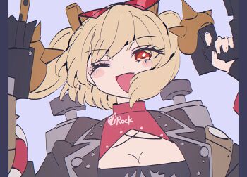 Rule 34 | 04 fujino9, 1girl, black jacket, blonde hair, blush, breasts, burnice white, cleavage, eyewear on head, fingernails, flamethrower, hair between eyes, holding, holding flamethrower, holding weapon, jacket, long hair, one eye closed, open clothes, open jacket, open mouth, red-tinted eyewear, red eyes, sidelocks, simple background, smile, solo, sunglasses, tinted eyewear, weapon, zenless zone zero