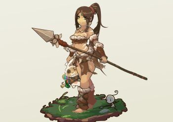 1girl animal_costume ankle_wrap barefoot bound breasts brown_hair cleavage dark_skin facial_mark faux_figurine green_eyes guang_li_zi highres league_of_legends long_hair navel nidalee polearm ponytail rabbit_costume smile spear teemo tied_up_(nonsexual) tribal weapon yellow_eyes yordle