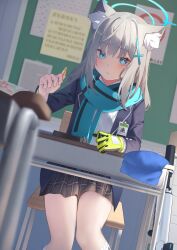 Rule 34 | 1girl, aekun cben, animal ear fluff, animal ears, black jacket, black skirt, blue archive, blue eyes, blue halo, blue necktie, blue scarf, blush, chair, cross hair ornament, desk, extra ears, feet out of frame, gloves, green gloves, grey hair, gun, hair ornament, halo, highres, indoors, jacket, long sleeves, looking at viewer, medium hair, mismatched pupils, necktie, open clothes, open jacket, open mouth, pleated skirt, scarf, school chair, school desk, shiroko (blue archive), shirt, single glove, sitting, skirt, socks, solo, weapon, white shirt, white socks, wolf ears
