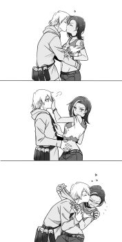 Rule 34 | 1111 (dka vv), 1boy, 1girl, absurdres, agatha flattz, black hair, choker, closed eyes, commentary request, dark-skinned female, dark skin, hair over one eye, heart, hetero, highres, higyaku no noel, hood, hoodie, kiss, monochrome, multicolored hair, navel, off-shoulder shirt, off shoulder, shirt, short hair, spiked choker, spikes, streaked hair, zoe taska