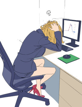 1girl blazer blonde_hair breasts chair computer computer_keyboard computer_mouse hands_on_own_head heart high_heels highres jacket monitor mousepad_(object) original pencil_skirt red_skirt sekoshi_(some1else45) sitting skirt solo some1else45 squiggle