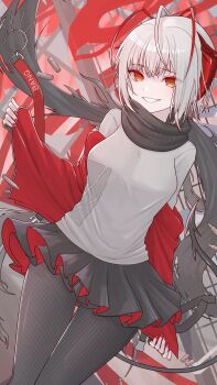 1girl arknights black_pantyhose black_scarf black_skirt breasts cowboy_shot grin highres horns large_breasts miniskirt off_shoulder open_clothes orange_eyes pantyhose scarf short_hair shoujo_l skirt smile solo w_(arknights) white_hair